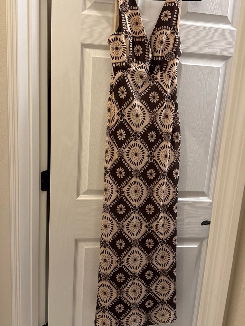 Showpo Brown & Cream V-Neck Geometric Floral Maxi Dress